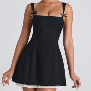 Oh Polly Cressida Bow-Detail Pleated A-Line Mini Dress in Black
